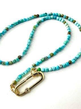 Turquoise Beaded Necklace with Gold Carabiner Clasp